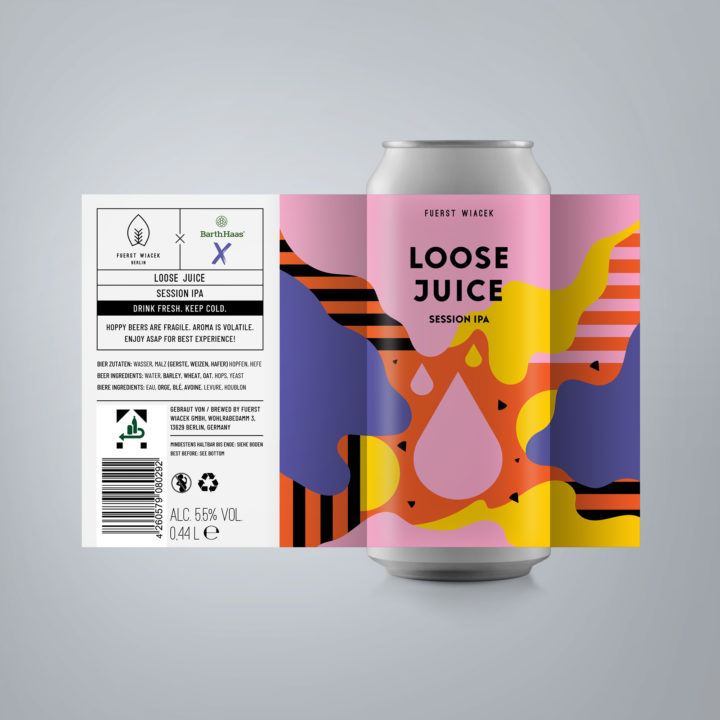 Loose Juice - a 5.5 % Session IPA from FUERST WIACEK, a craft beer brewery in Berlin - Dry-hopped with Citra, Citra Lupomax, Azacca Lupomax & Cashmere Lupomax - brewed in collaboration with Barth Haas