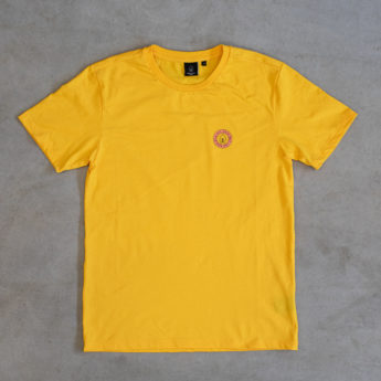 Yellow FUERST WIACEK T-Shirt with pink and yellow logo on left breast
