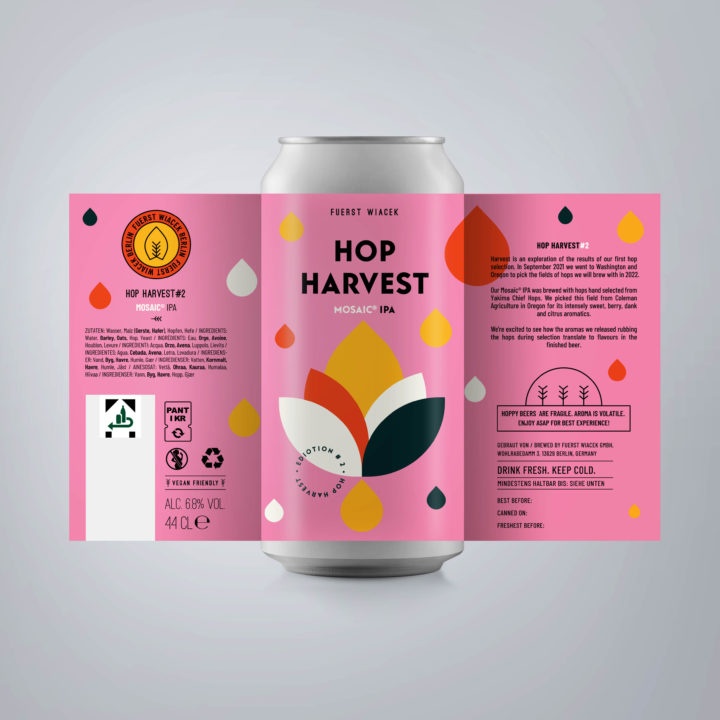Hop Harvest 2021 Mosaic - a 6.8% IPA from FUERST WIACEK, a craft beer brewery in Berlin - Dry-hopped with 2021 Mosaic hand selected at Yakima Chief Hops.