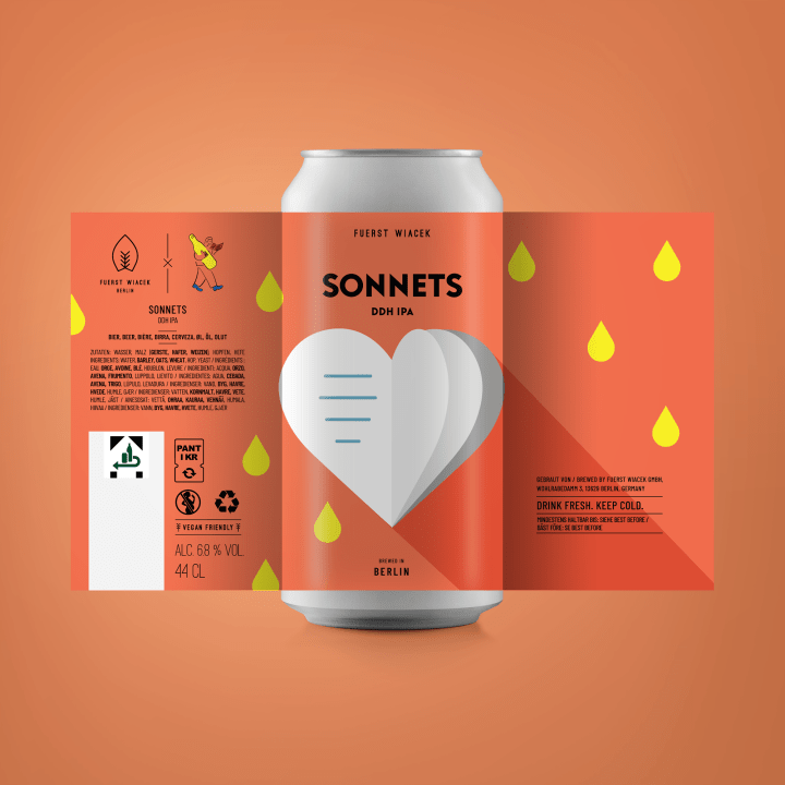 Sonnets - a 6.8 % DDH IPA Dry-hopped with Mosaic, Loral, Sabro & El Dorado from FUERST WIACEK, a craft beer brewery in Berlin in collaboration with Beak Brewery